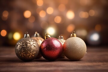 Christmas baubles on abstract bokeh background