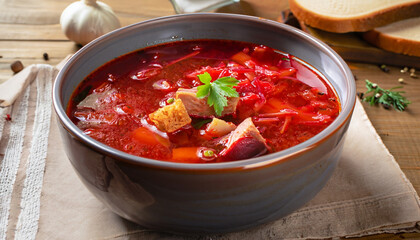 Borscht - Traditional Ukrainian dish. Vegetable soup made from beets, potatoes, cereals and boiled meat, and slices of rye bread in a ceramic bowl on a wooden kitchen table. Russian food cuisine