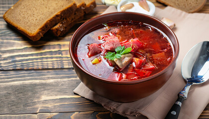 Borscht - Traditional Ukrainian dish. Vegetable soup made from beets, potatoes, cereals and boiled...