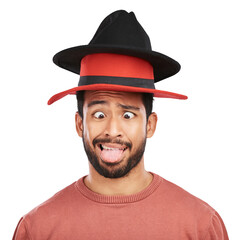 Goofy, asian man and silly hat with comic face in png or isolated and transparent background. Crazy, humor and male person with head accessory or comedy expression with fashion for joke or joy. - obrazy, fototapety, plakaty