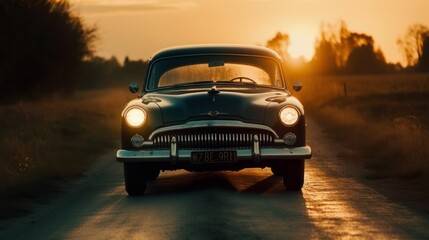 Fototapeta na wymiar Dynamic Journey: Revving Up the Road with Speed, Classic Cars, and Golden Sunsets, generative AIAI Generated