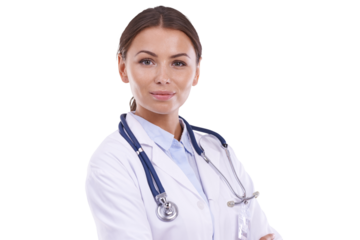 Portrait, serious doctor and woman isolated on a transparent png background. Medical professional, surgeon and face of worker, employee and healthcare expert from Brazil in hospital for wellness.