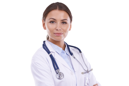 Portrait, serious doctor and woman isolated on a transparent png background. Medical professional, surgeon and face of worker, employee and healthcare expert from Brazil in hospital for wellness.