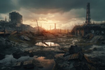Illustration of a dystopian post-apocalyptic landscape with surreal elements. Generative AI