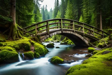 Foto auf Acrylglas Waldfluss bridge in the forest generated by AI technology