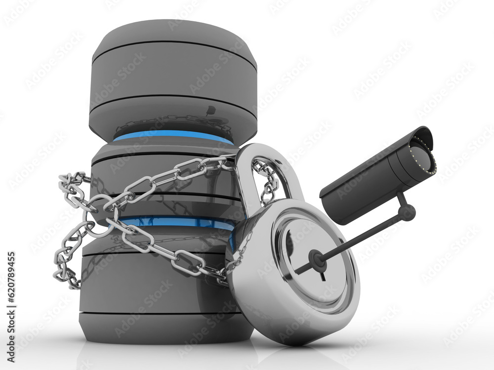 Poster 3d rendering database storage data base protected lock under cctv camera