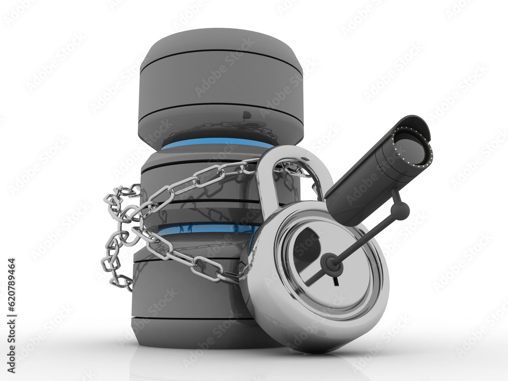 Poster 3d rendering database storage data base protected lock under cctv camera