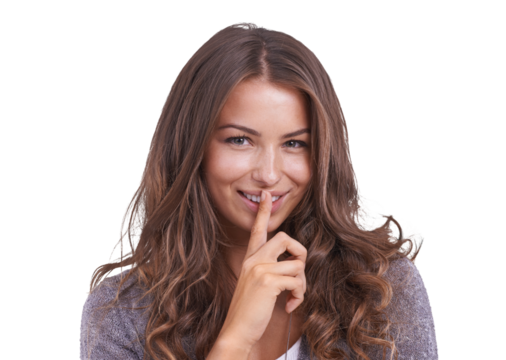 Happy, woman with a secret and portrait to whisper with gossip, news or emoji on isolated, transparent or png background. Hand, finger for silence and gesture for confidential information or hush