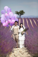 Pre-wedding shoot of young Asian couple in provence lavender farm, France during summer time.