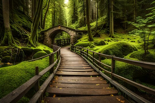 wooden bridge in the forest generated by AI technology