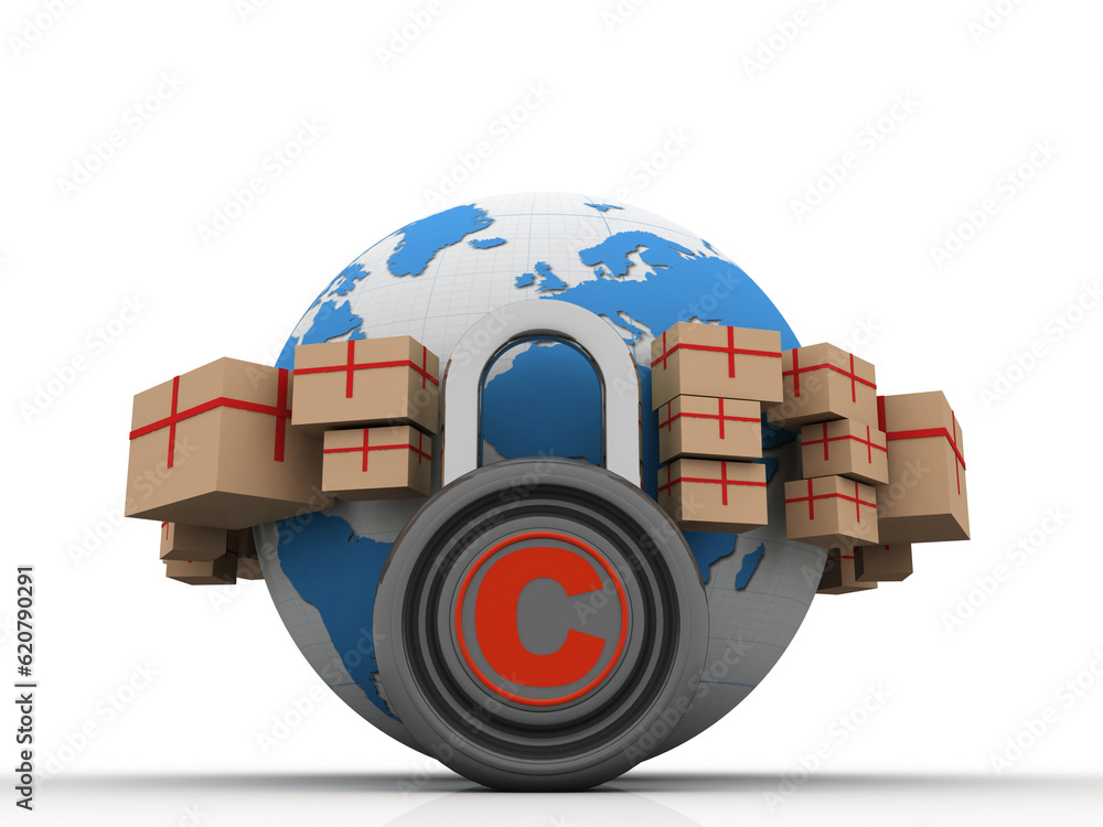 Poster 3d rendering cardboard boxes with globe near copyright lock