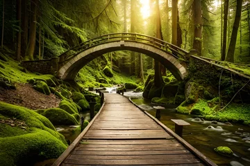 Foto auf Acrylglas Straße im Wald wooden bridge in the forest generated by AI technology