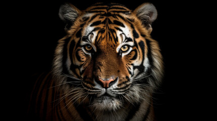 Fototapeta premium A close up of a tiger on a black background, Generative AI