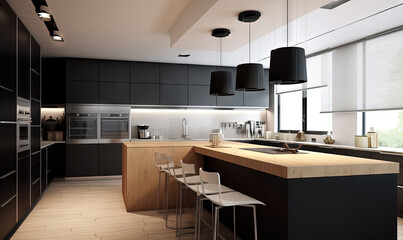 Fototapeta na wymiar a modern kitchen with black cabinets and a large island counter. generative ai
