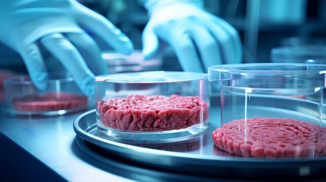 Cultured meat concept, a laboratory setting presents a petri dish nurturing lab-grown meat, promising sustainable food solutions. Generative AI