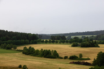 Obraz premium landscape in Baden Wuerttemberg with forests, deciduous and coniferous trees, fields, fog and low clouds on a cloudy summer day