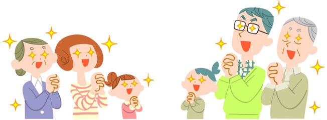 向かい合って目を輝かせて祈る三世代家族

