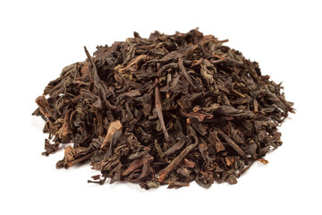 Dry black tea for brewing. Large-leaf tea on a white background.