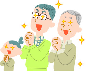 目を輝かせて祈る男性三世代
