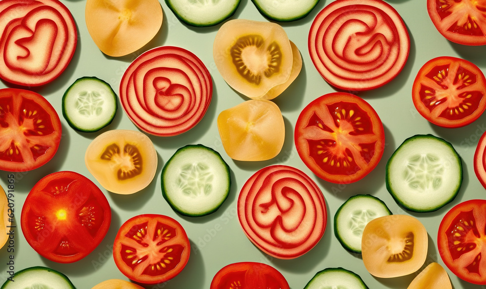 Poster sliced tomatoes, cucumbers, and tomatoes arranged in a pattern. generative ai