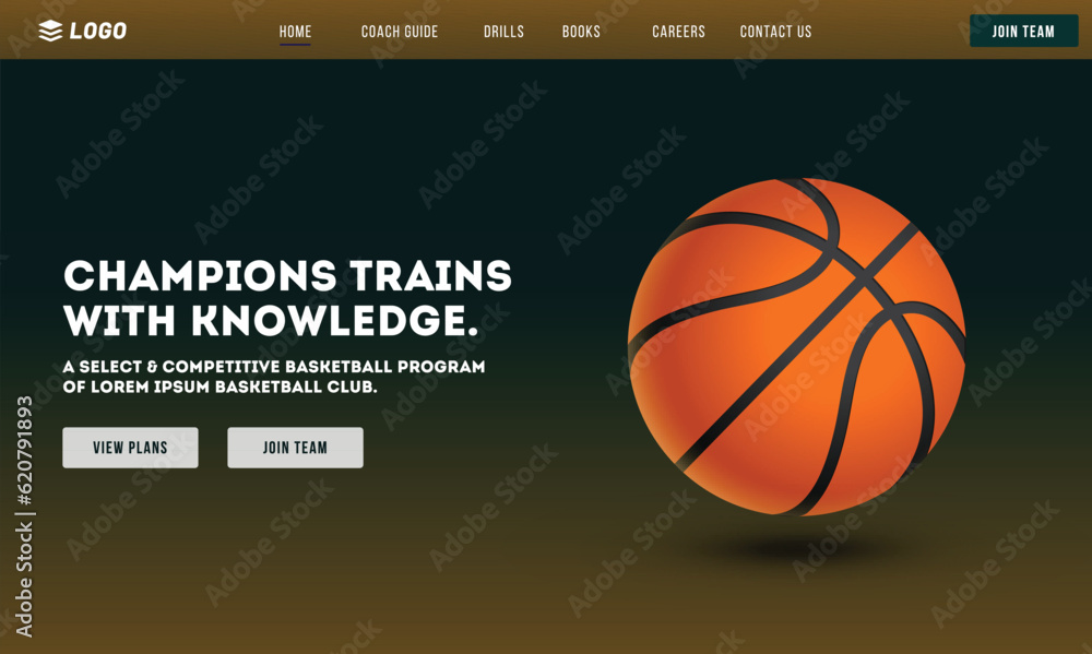 Poster champions trains with knowledge game app or responsive template design with realistic basketball.
