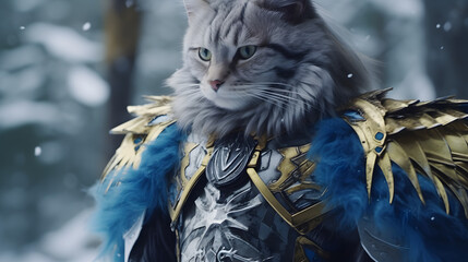 A cat as a warrior in leather armor and blue and yellow feathers cloak in a snowy forest