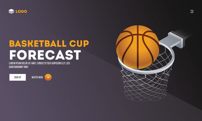 Watch Now Basketball Cup Forecast Website Banner Design with Highlight Basketball Goal in Hoop Net.