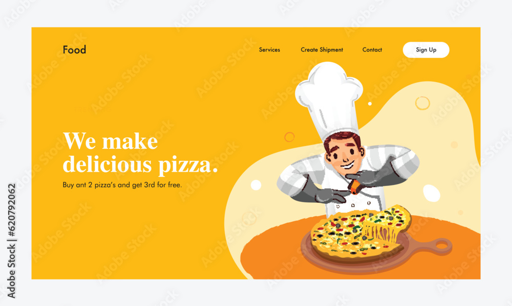 Poster Landing Page or Hero Banner Design with Cartoon Chef Character Presenting Delicious Pizza on Pan.