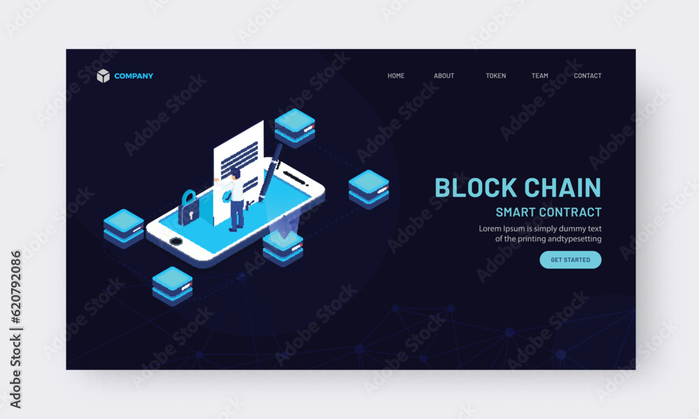 Poster blockchain smart contract concept based landing page design in dark blue color.