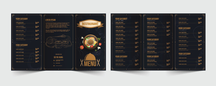 Restaurant Tri-Fold Brochure Or Menu Card With Double-Side For Publishing.