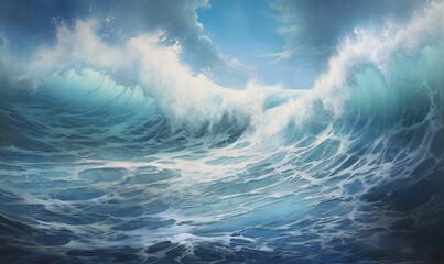  a painting of a large ocean wave with a blue sky in the background.  generative ai