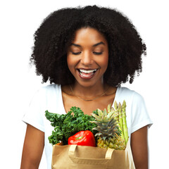 Nutrition, black girl and grocery bag for diet with vegetables in png or isolate and transparent background. Food, happy and woman with healthy eating at supermarket deal for customer and sale.