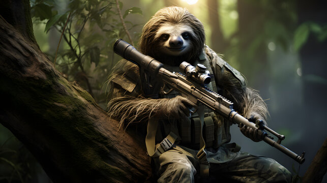 a rare commando sloth with a sniper rifle in a tree at the zoo