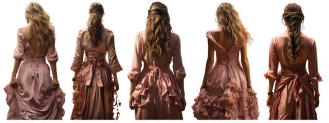 back view of women with long beautiful hair in a pink dress, on a transparent background, Generative AI