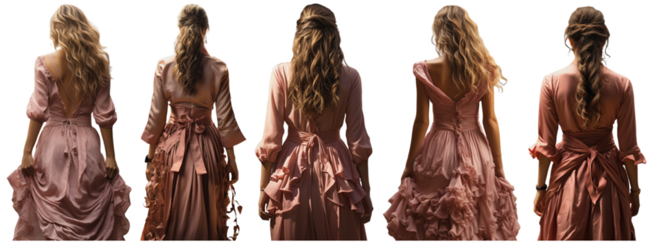 back view of women with long beautiful hair in a pink dress, on a transparent background, Generative AI