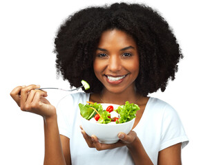 Salad, portrait and a woman with healthy food for diet, weight loss and wellness. Face of black...