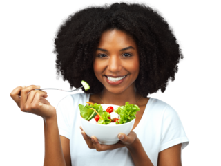 Salad, portrait and a woman with healthy food for diet, weight loss and wellness. Face of black female model with vegetables, vegan meal and nutrition benefits isolated on transparent, png background