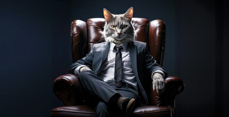 Cat human wearing business suits sitting on chair, realistic, cinematic sun light scene on black background, Generative Ai