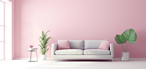 Fototapeta na wymiar portrait of living room interior with minimalist style decoration and bright pastel color background, generative ai