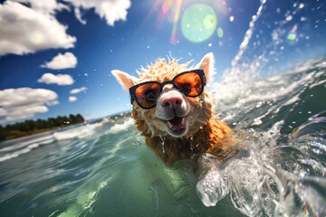 Cute alpaca wearing  sunglasses swimming , wave water background , Generative Ai
