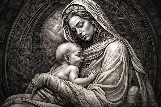 Photo illustration of the Orthodox Mother of God Virgin Mary with the baby biblical picture AI