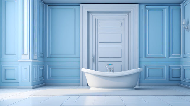 Bathroom Background With A Door, No Bathtub, White And Blue, 4k