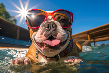 Cute Bulldog wearing glasses swimming the beach in summer time and wave water background , Generative Ai