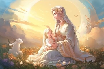 Photo illustration of the Orthodox Mother of God Virgin Mary with the baby biblical picture AI - obrazy, fototapety, plakaty