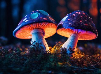 Fantasy mushroom their vibrant colors contrasting against the sunset. 