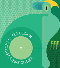 Exotic bird geometric style vector poster design. A large green parrot with a spread wings sits on a branch.