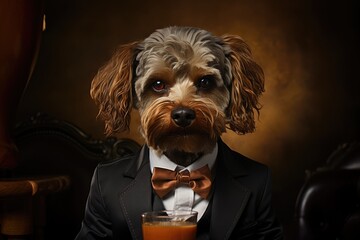 Portrait of a Pyorkshire terrier dog dressed in a modern designer suit