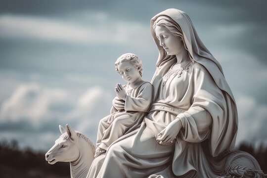 White statue of the Orthodox Mother of God Virgin Mary with the baby on a donkey biblical picture AI