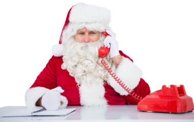 Digital png photo of angry caucasian santa claus with telephone on transparent background