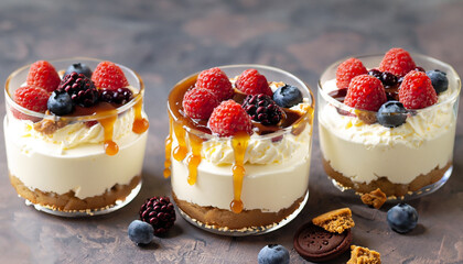 cream cheese desserts with berries, caramel and cookies
